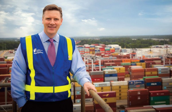 Griff Lynch, posing at the fast-growing Port of Savannah, has plenty about which to be enthusiastic midway through his second year as executive director of the Georgia Ports Authority.