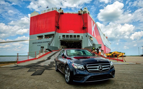 A Mercedes car rolls off a ship at the Georgia Ports Authority’s Port of Brunswick, where auto-processing capacity has been boosted by 50 percent over the past year. (Photo courtesy of Georgia Ports Authority/Stephen B. Morton)