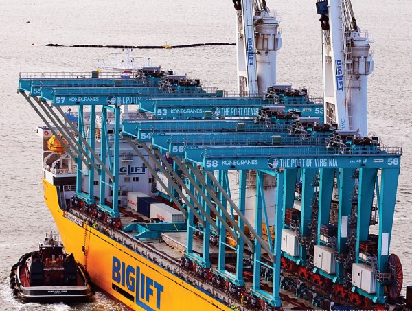 The first six of 86 rail-mounted gantry cranes destined for delivery to container terminals at The Port of Virginia come into port in February.