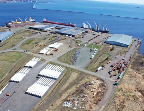 Aerial view of Thunder Bay's Keefer general cargo terminal and large laydown area for project components.