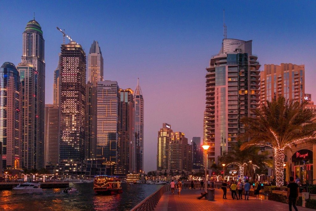 A view of Dubai at night.