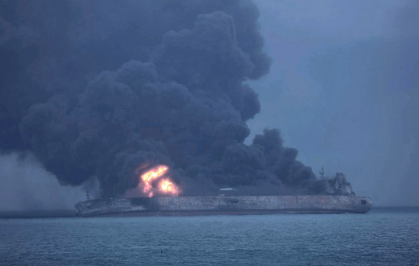 The oil tanker ’Sanchi’ on fire after a collision on Jan. 7. Source: South Korea Coast Guard/EPA